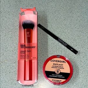 Real Techniques Makeup Brush, COVERGIRL Pressed Powder & microblading brow pen